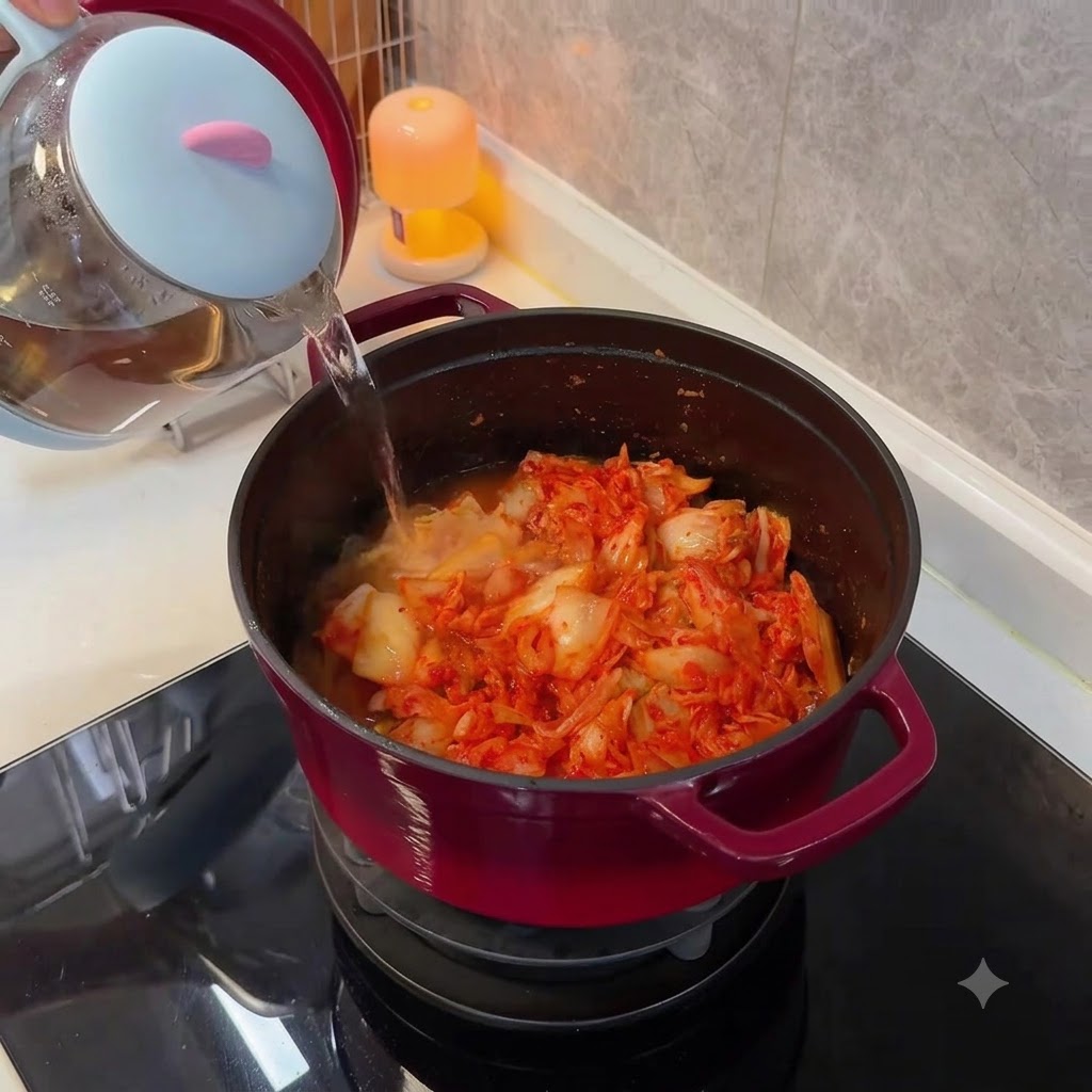 Versare acqua calda pulita da un bollitore di vetro in una pentola rossa riempita di kimchi.