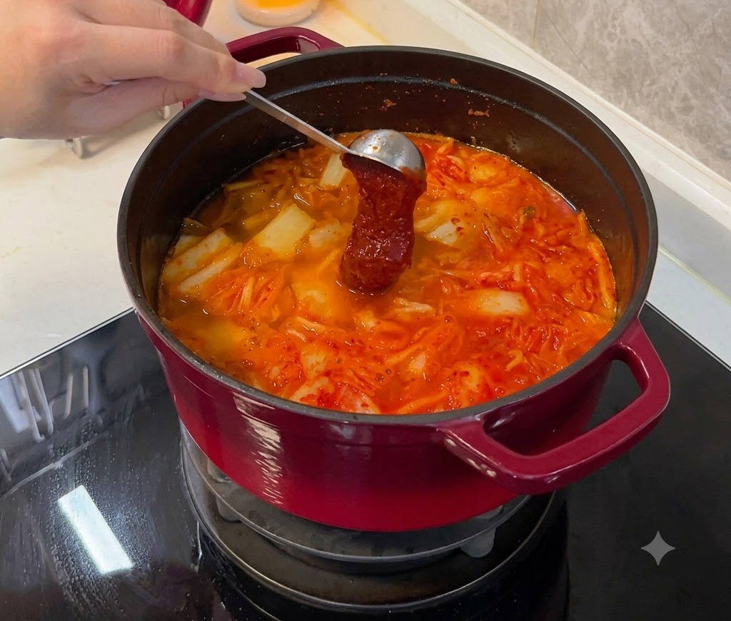 Un cucchiaio che contiene gochujang rosso denso immerso in una pentola ribollente di stufato di kimchi.