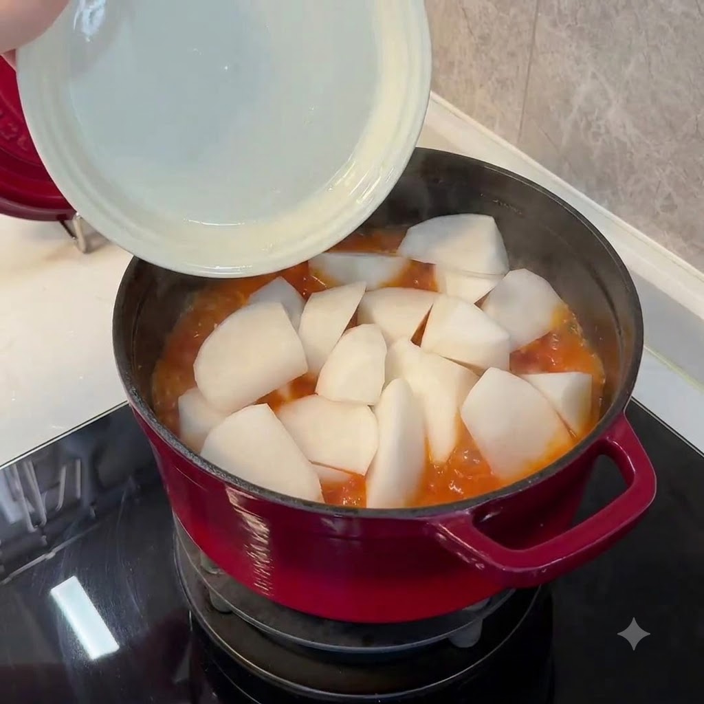 Un piatto bianco che fa scivolare pezzi spessi di ravanello bianco in uno stufato rosso bollente allinterno di una pentola rossa.