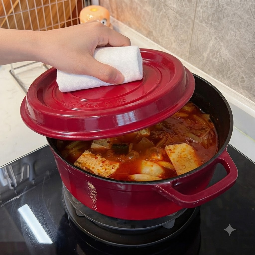 Una mano che tiene un canovaccio da cucina bianco mentre rimette il coperchio su una pentola rossa piena di stufato.