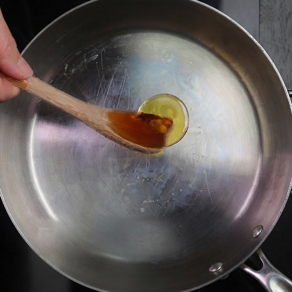 Una mano che tiene un cucchiaio di legno pieno di olio dorato, mentre lo versa in una pentola di acciaio inossidabile vuota.