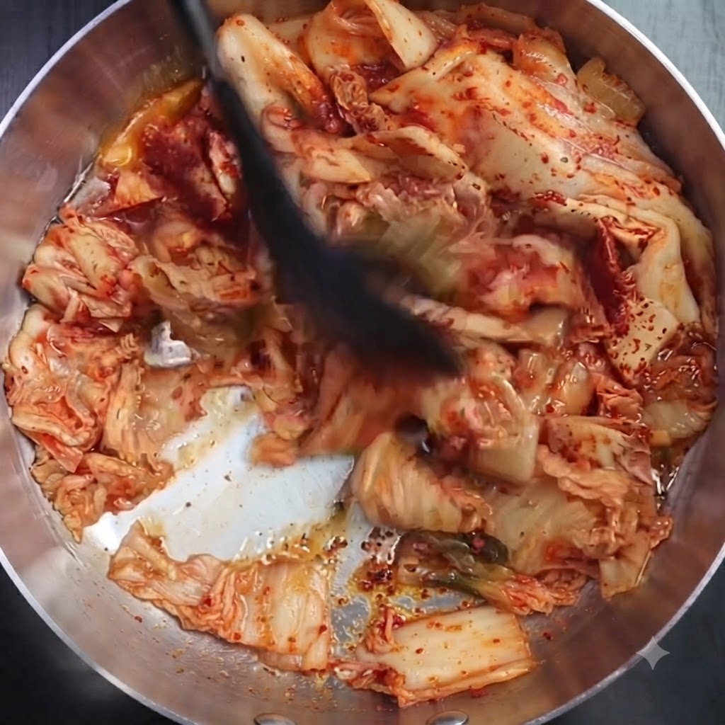 Kimchi e peperoncino in polvere fatti saltare in una pentola con un utensile da cucina.