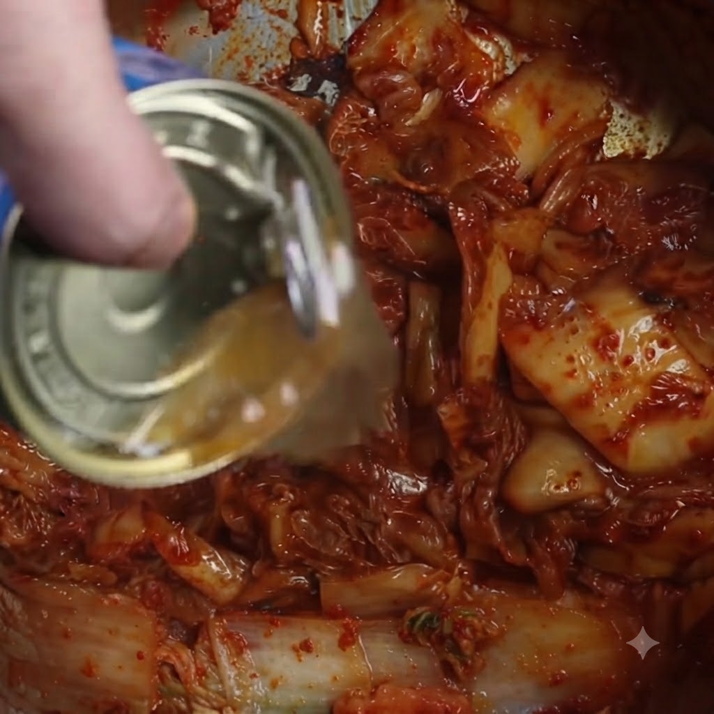 Il liquido proveniente da un contenitore di pesce in scatola versato in una pentola di kimchi cotto.
