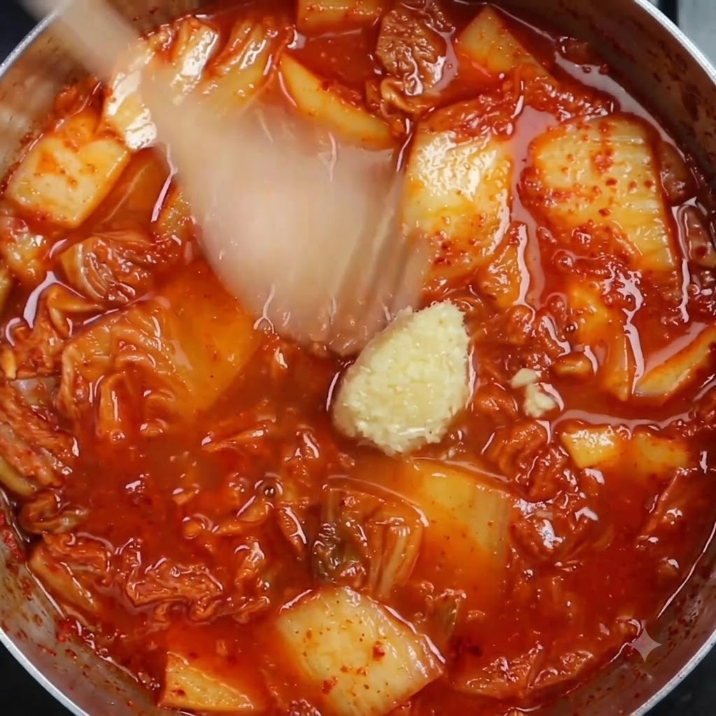 Aglio tritato e condimenti liquidi adagiati in un brodo di kimchi rosso e sobbollente.