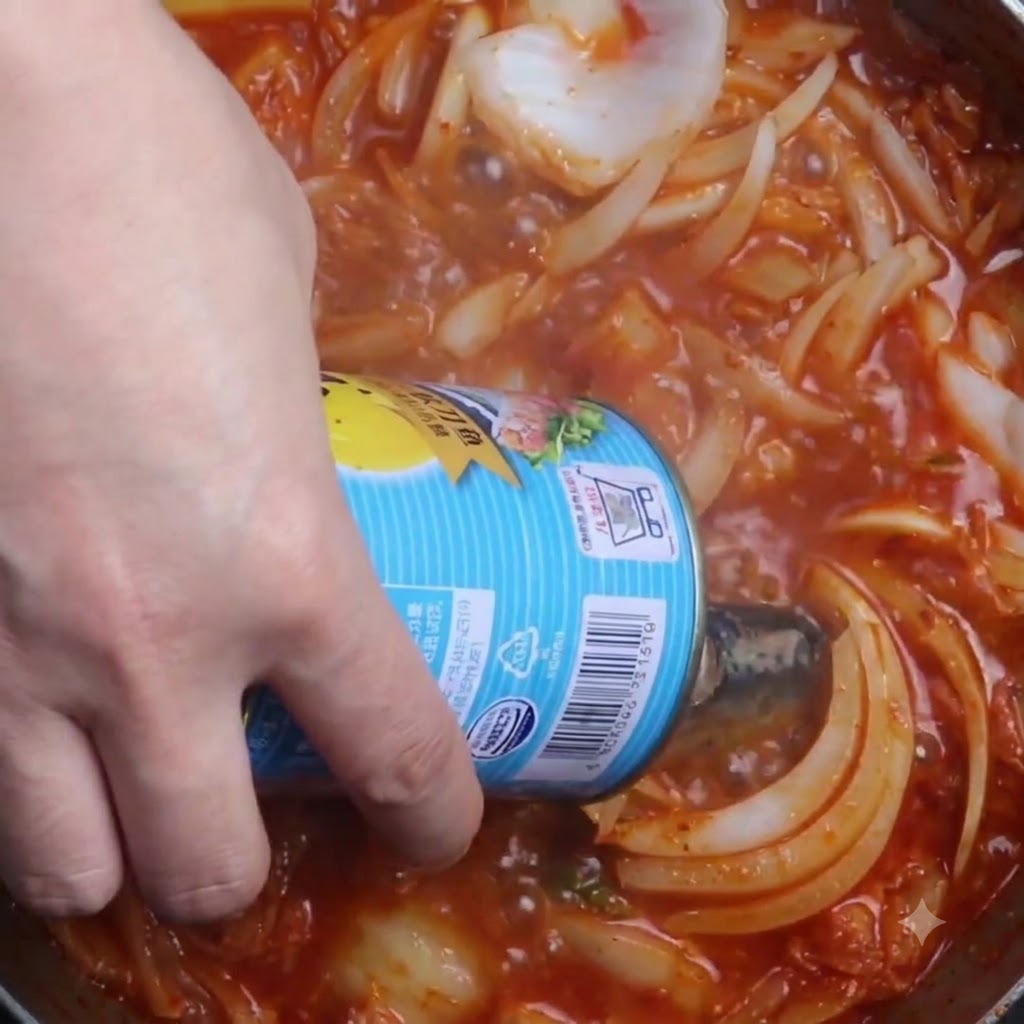 Tranci di pesce sgombro aggiunti da una lattina in una pentola di brodo e cipolle in ebollizione.