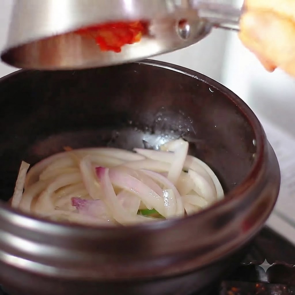 Peperoncino rosso in polvere e kimchi versati da un contenitore di metallo nella pentola con le cipolle.