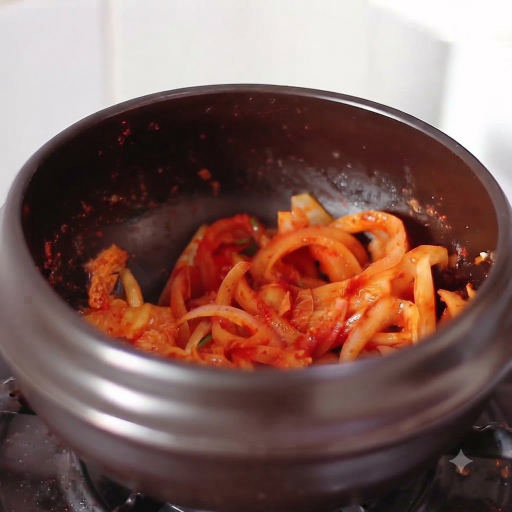 Miscela di kimchi e cipolla saltata che sobbolle allinterno della pentola scura dopo aver aggiunto i liquidi.