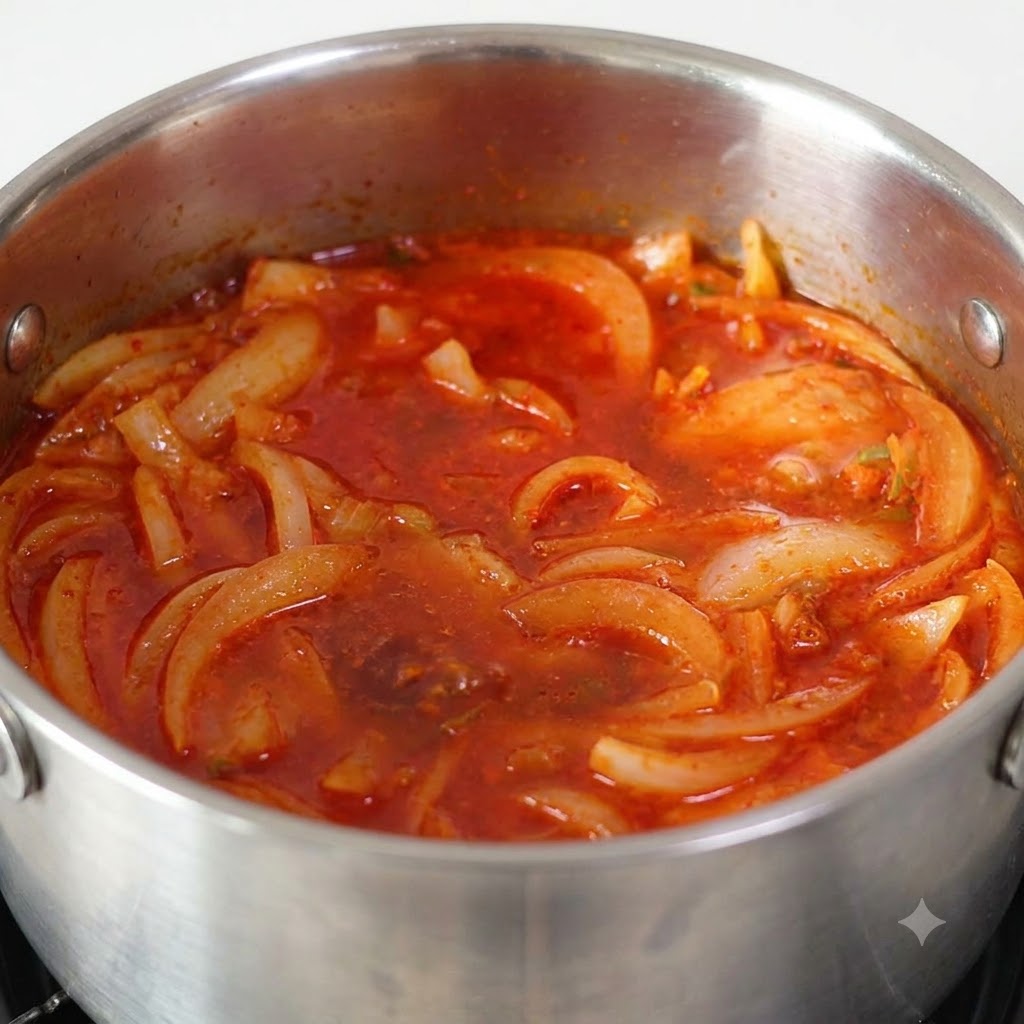 Pezzi di tonno mescolati in una base di zuppa rossastra allinterno di una pentola da cucina.