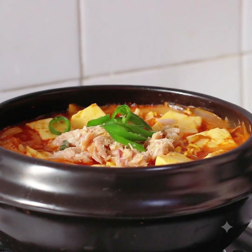 Una ciotola calda di zuppa di kimchi tonno e tofu guarnita con anelli di peperoncino verde e rosso e semi di sesamo bianco.