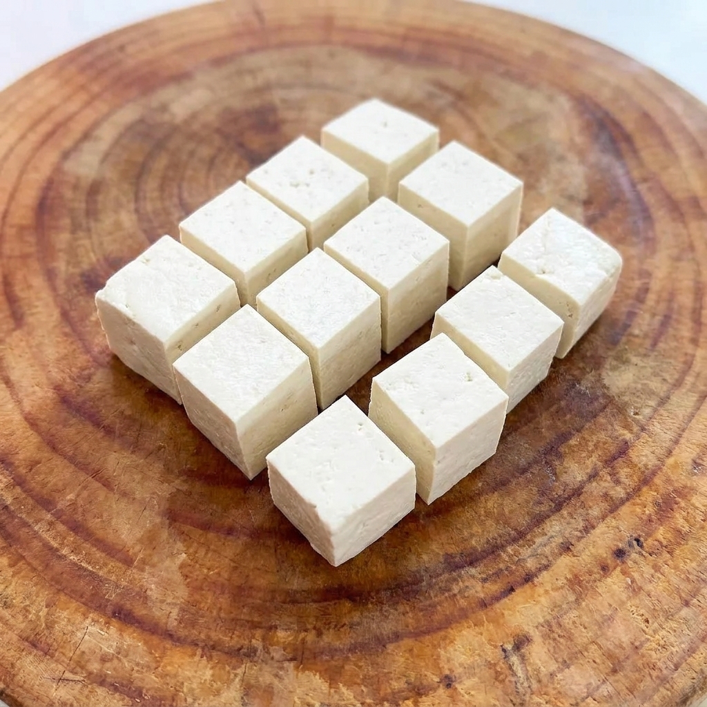 Cubi perfetti di tofu bianco disposti ordinatamente su un tagliere di legno.