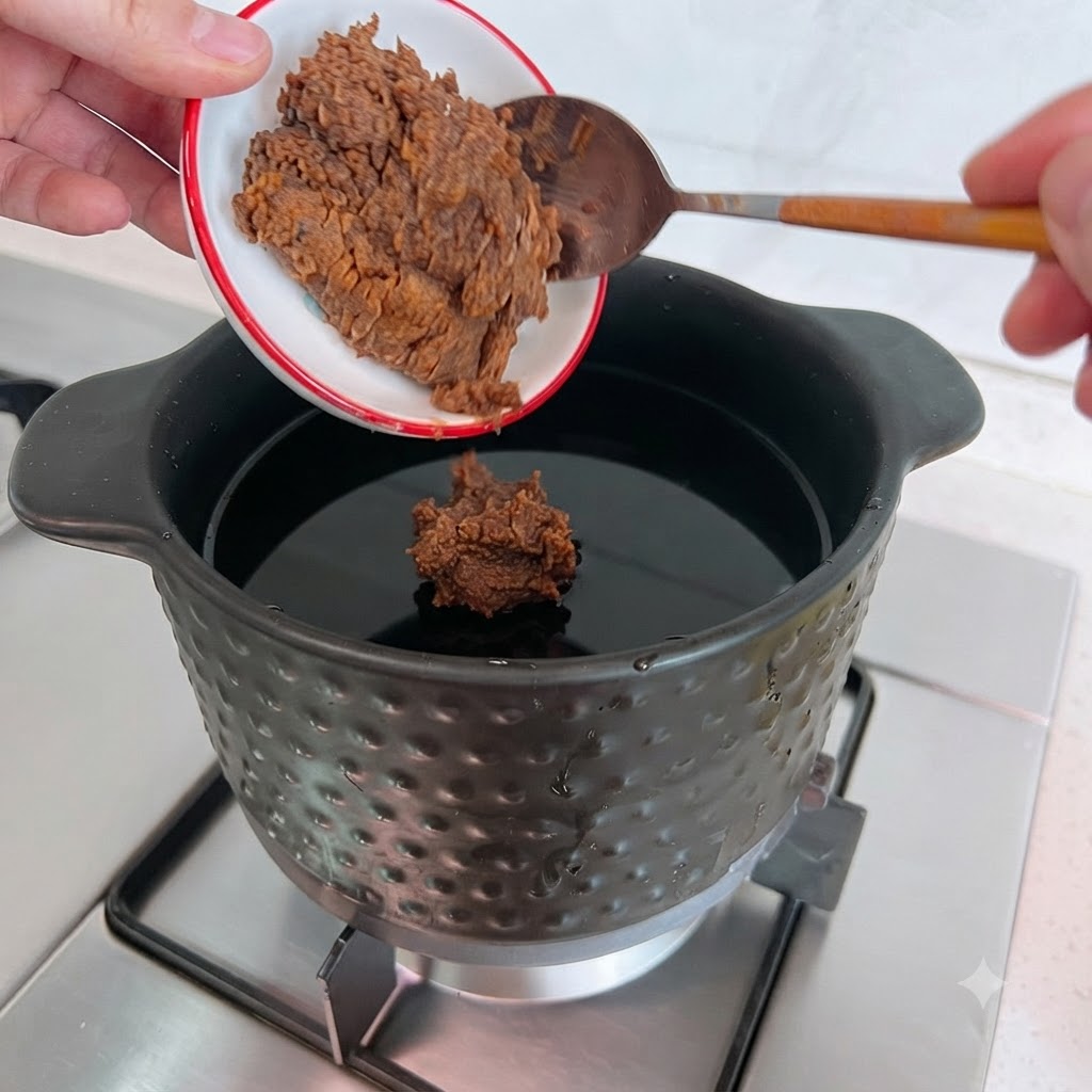 Due cucchiaiate di pasta di soia vengono aggiunte in una pentola di acqua bollente.