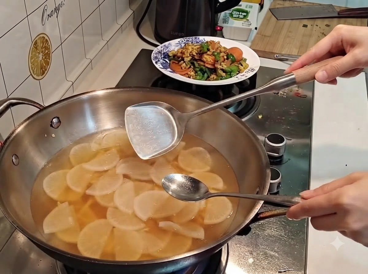 Una spatola e un cucchiaio mescolano una zuppa in ebollizione con manzo e verdure.