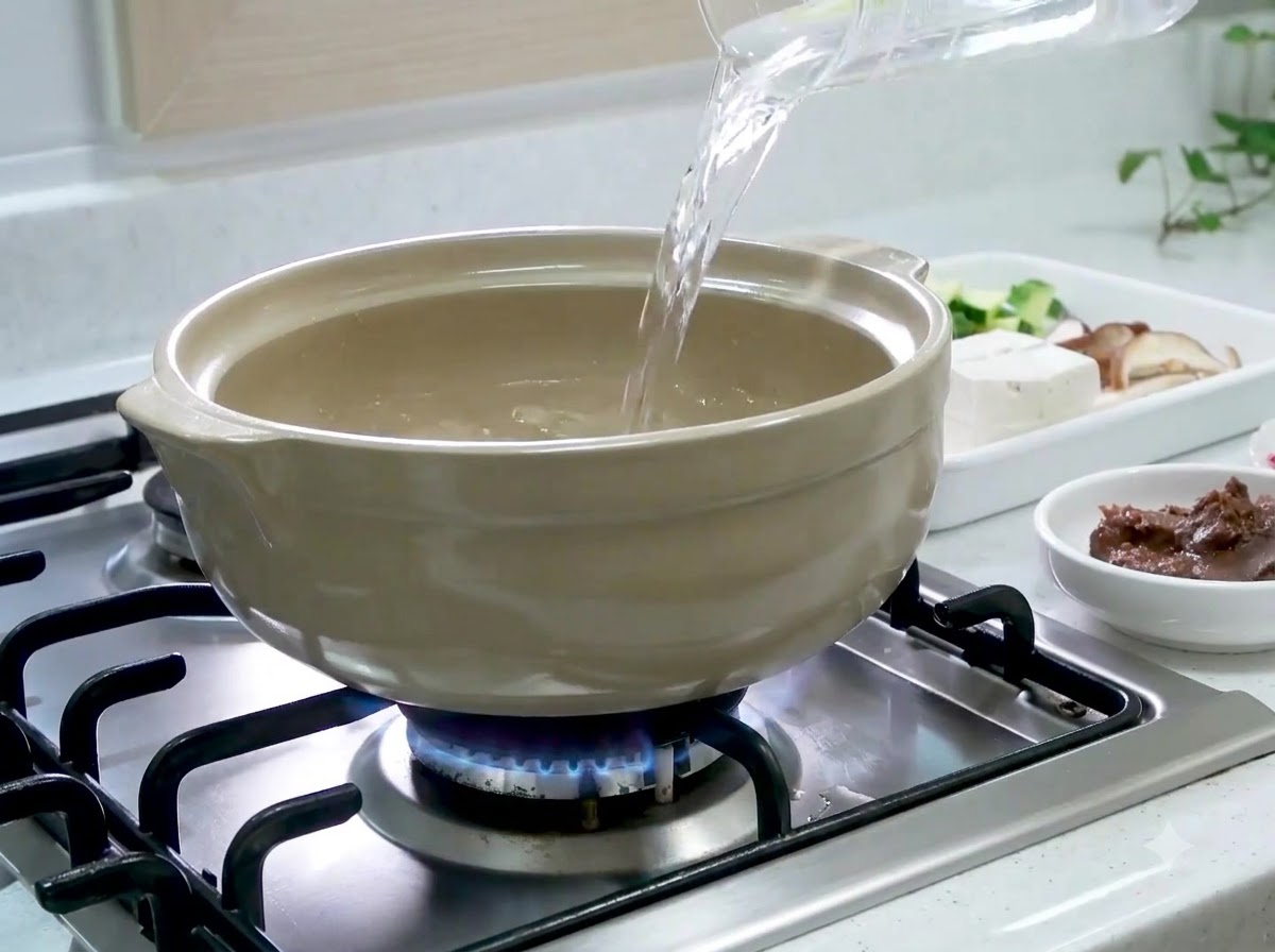 Acqua versata da un misuratore trasparente in una pentola di ceramica beige su un fuoco a gas acceso.