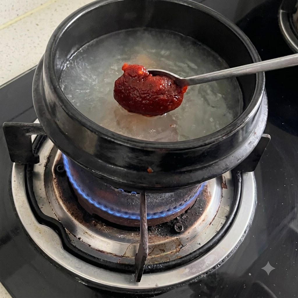 Un cucchiaio che regge la pasta ssamjang posizionato sopra una pentola di brodo che sobbolle.