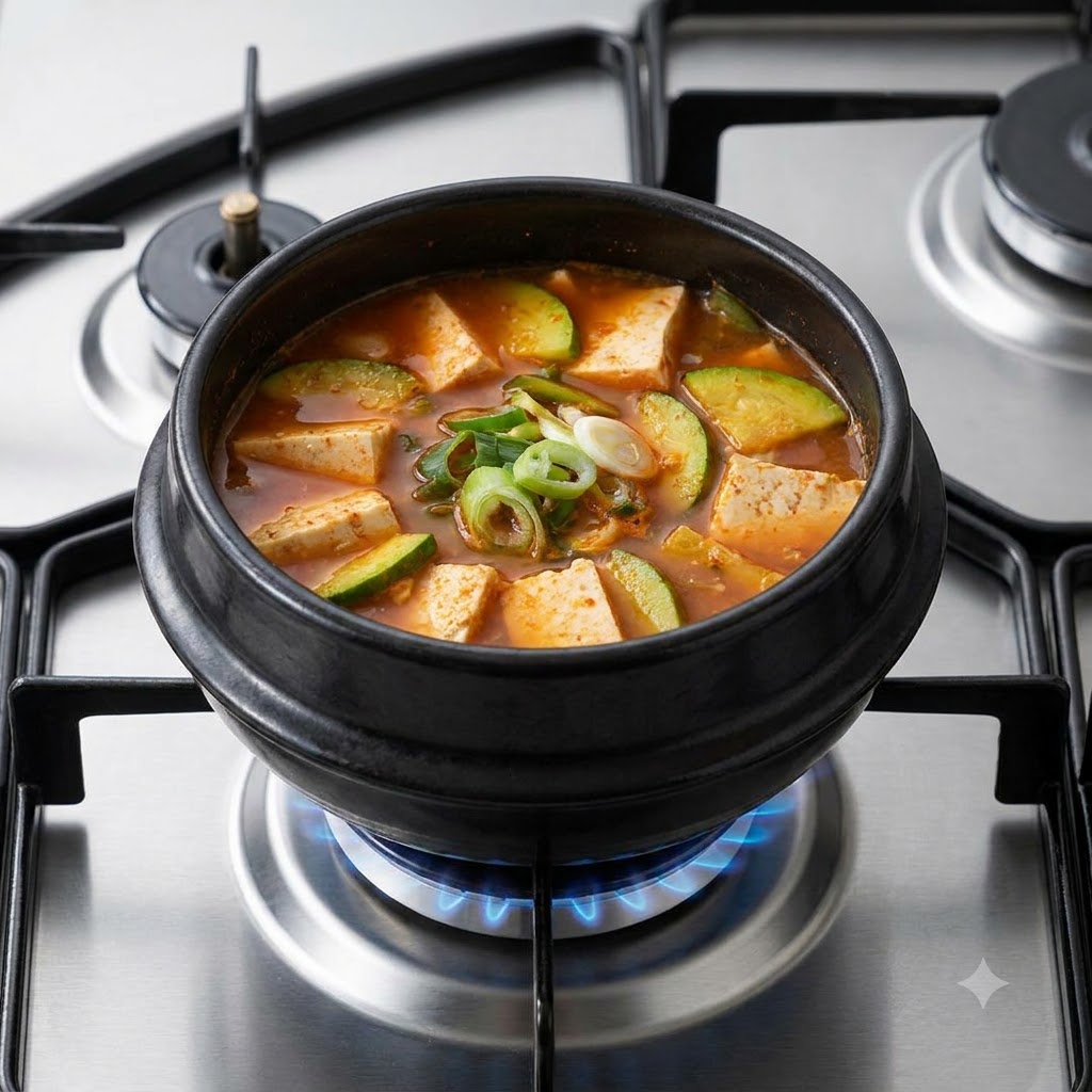 Un primo piano di una pentola piena di zuppa contenente zucchine affettate, tofu e un mucchietto centrale di cipollotti e peperoncini tritati.