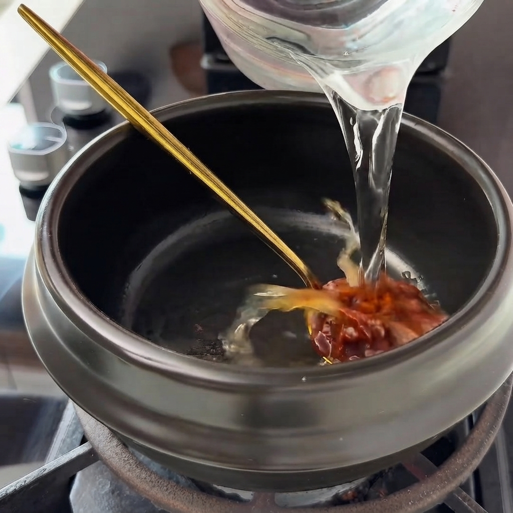 Acqua versata da un misurino di vetro trasparente in una pentola con la pasta di soia.
