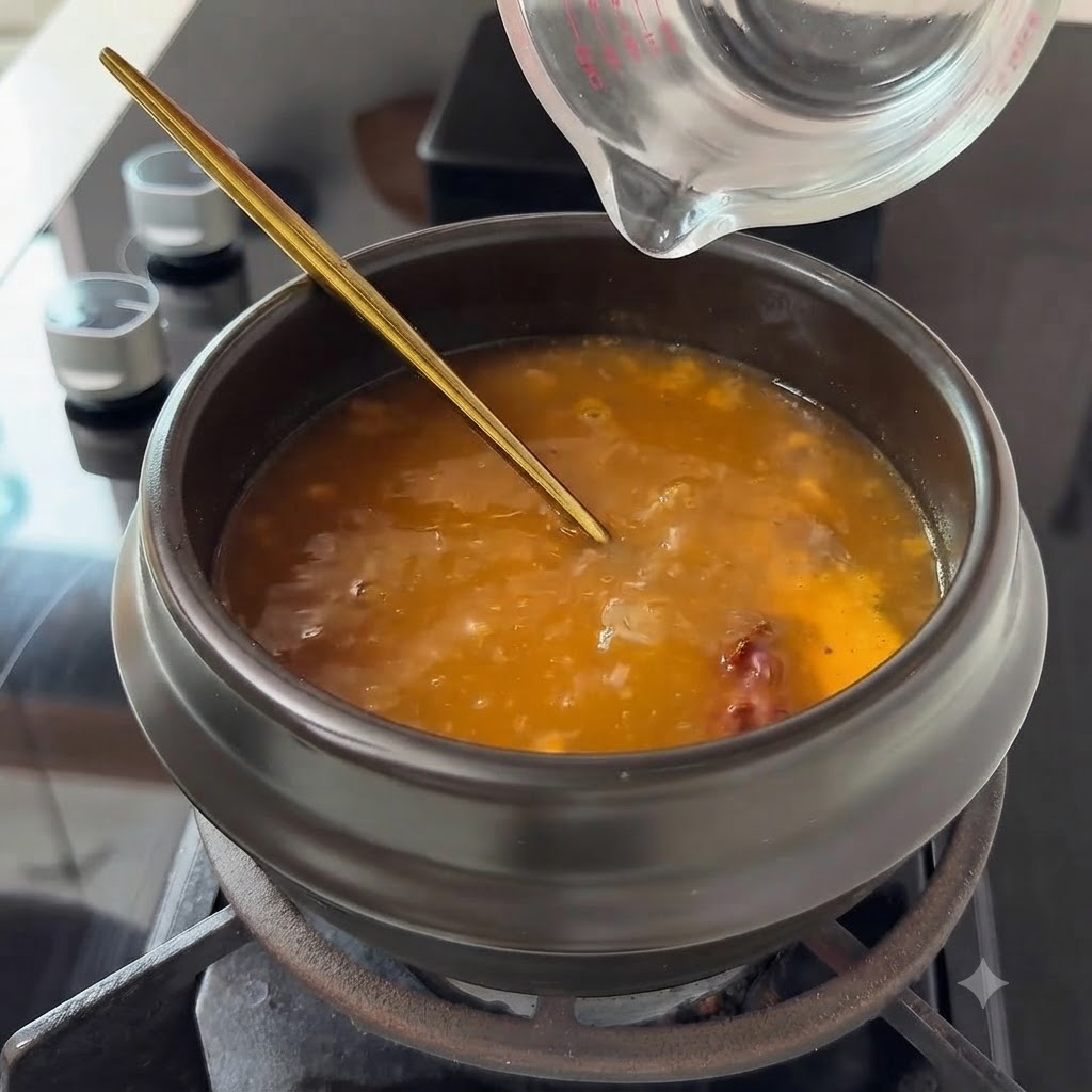 Un paio di bacchette dorate che mescolano e sciolgono la pasta di soia nellacqua allinterno di una pentola di ceramica.