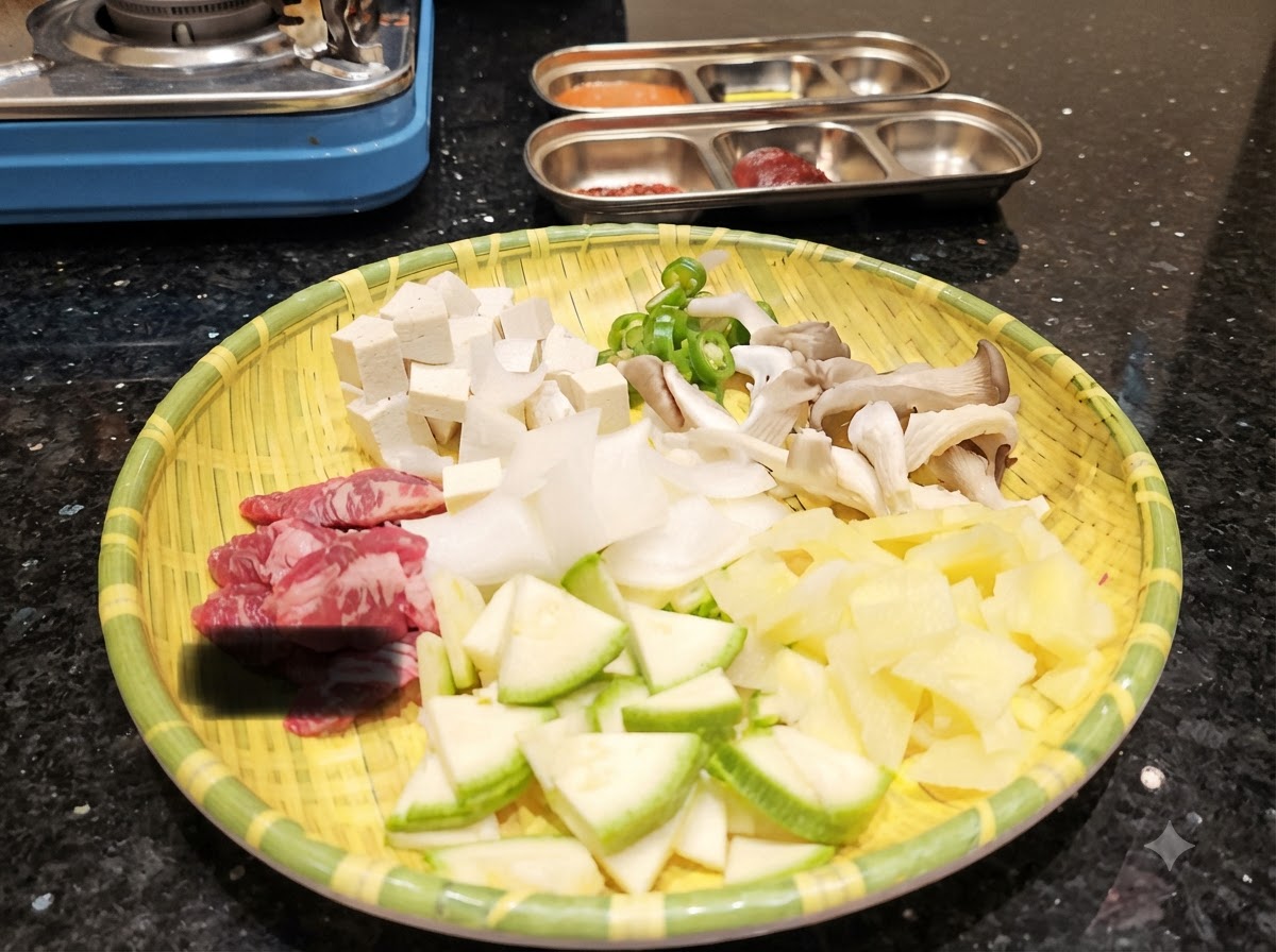 Un vassoio di vimini tondo pieno di ingredienti preparati: tofu a cubetti, zucchine affettate, funghi, patate, peperoni verdi e pezzi di manzo crudo.