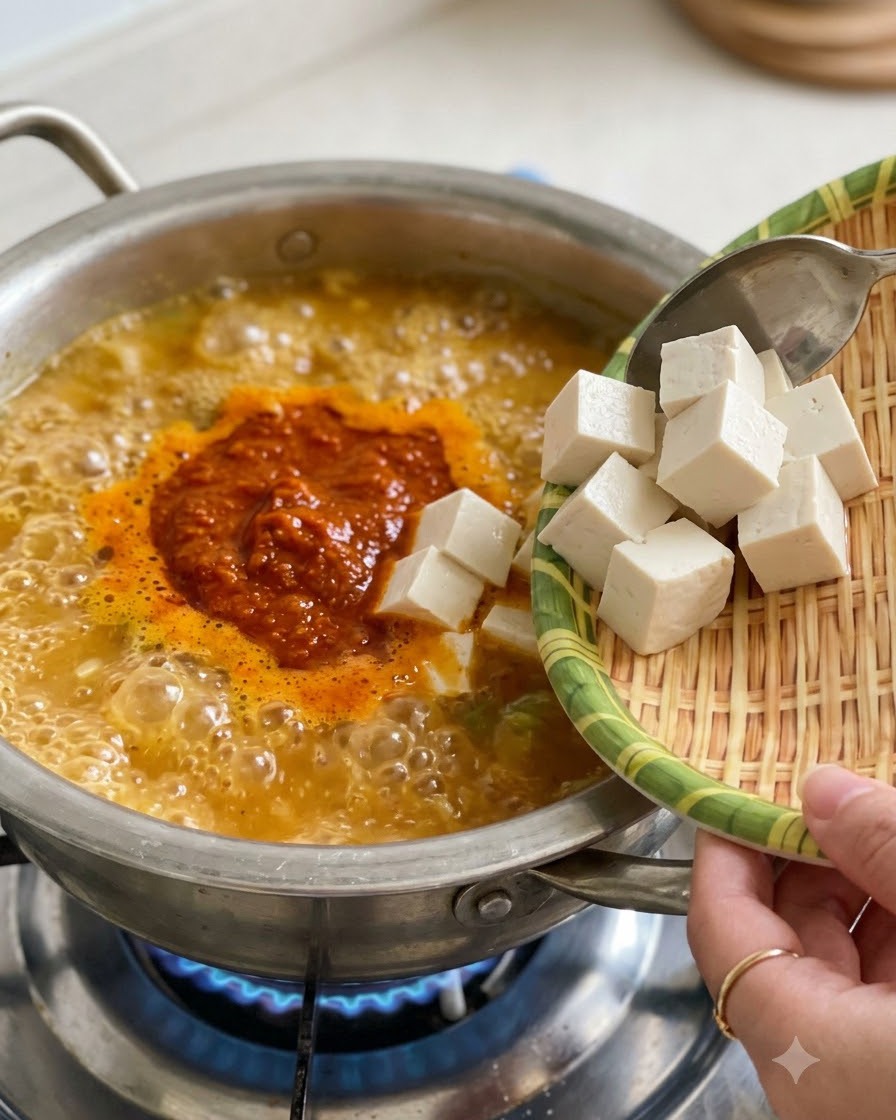 Tofu bianco a cubetti fatto scivolare da un piccolo vassoio di vimini in una pentola di stufato di soia coreano che bolle vigorosamente.