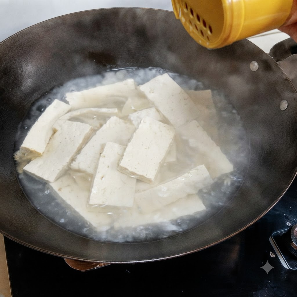 Condimento cosparso da un contenitore giallo in un wok pieno di strisce di tofu bollenti.