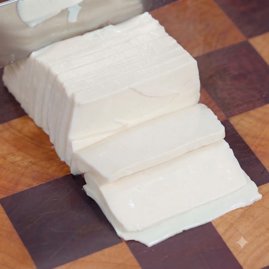 Tofu tagliato a fette sottili e a julienne su un tagliere di legno.
