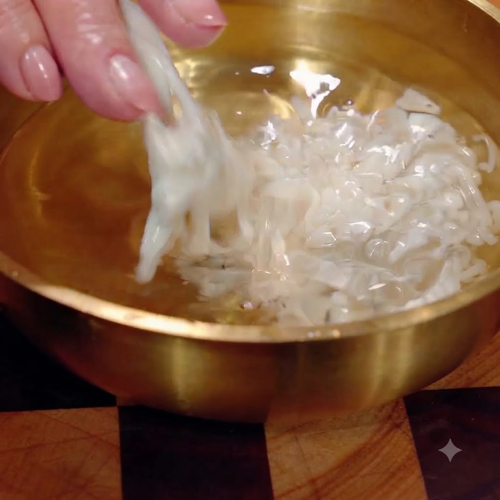 Strisce di tofu a julienne messe in una ciotola di acqua pulita e separate.
