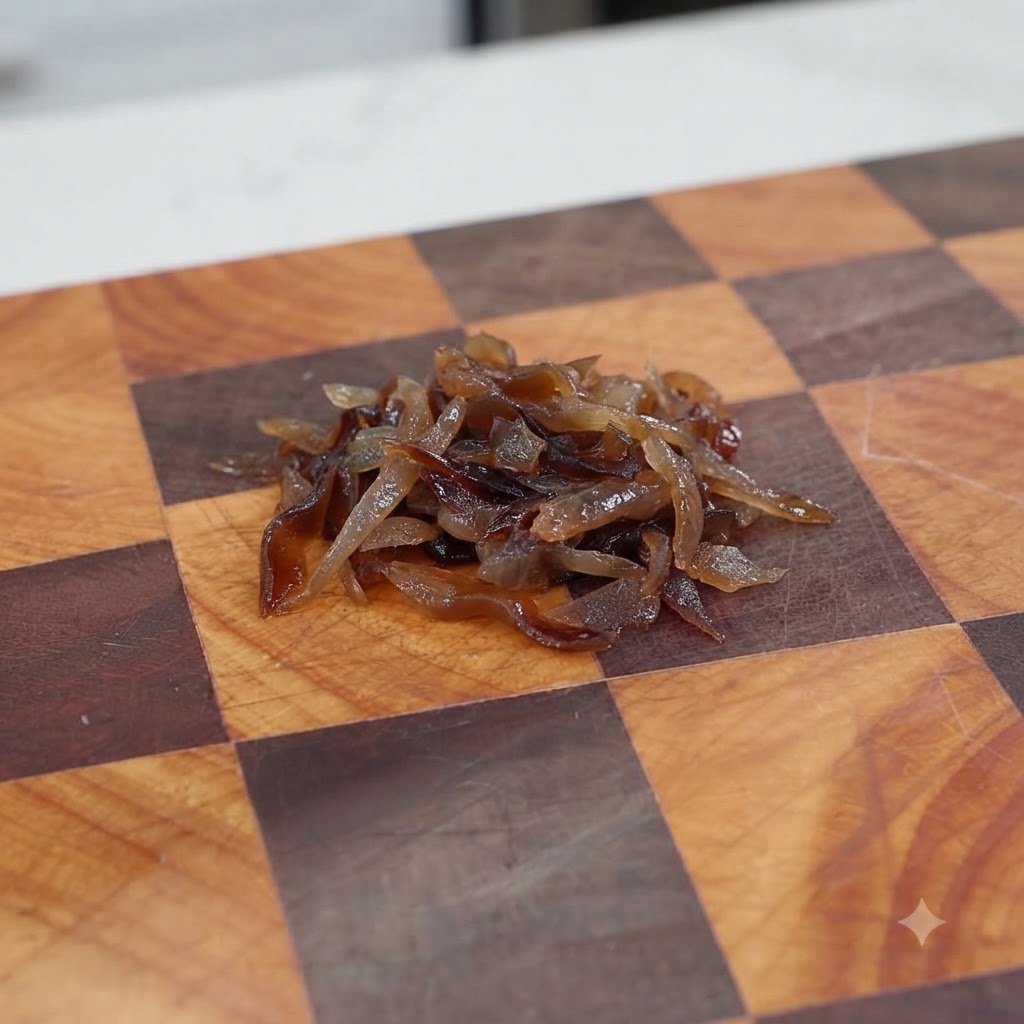Funghi neri tagliati a striscioline ammucchiati su un tagliere di legno.