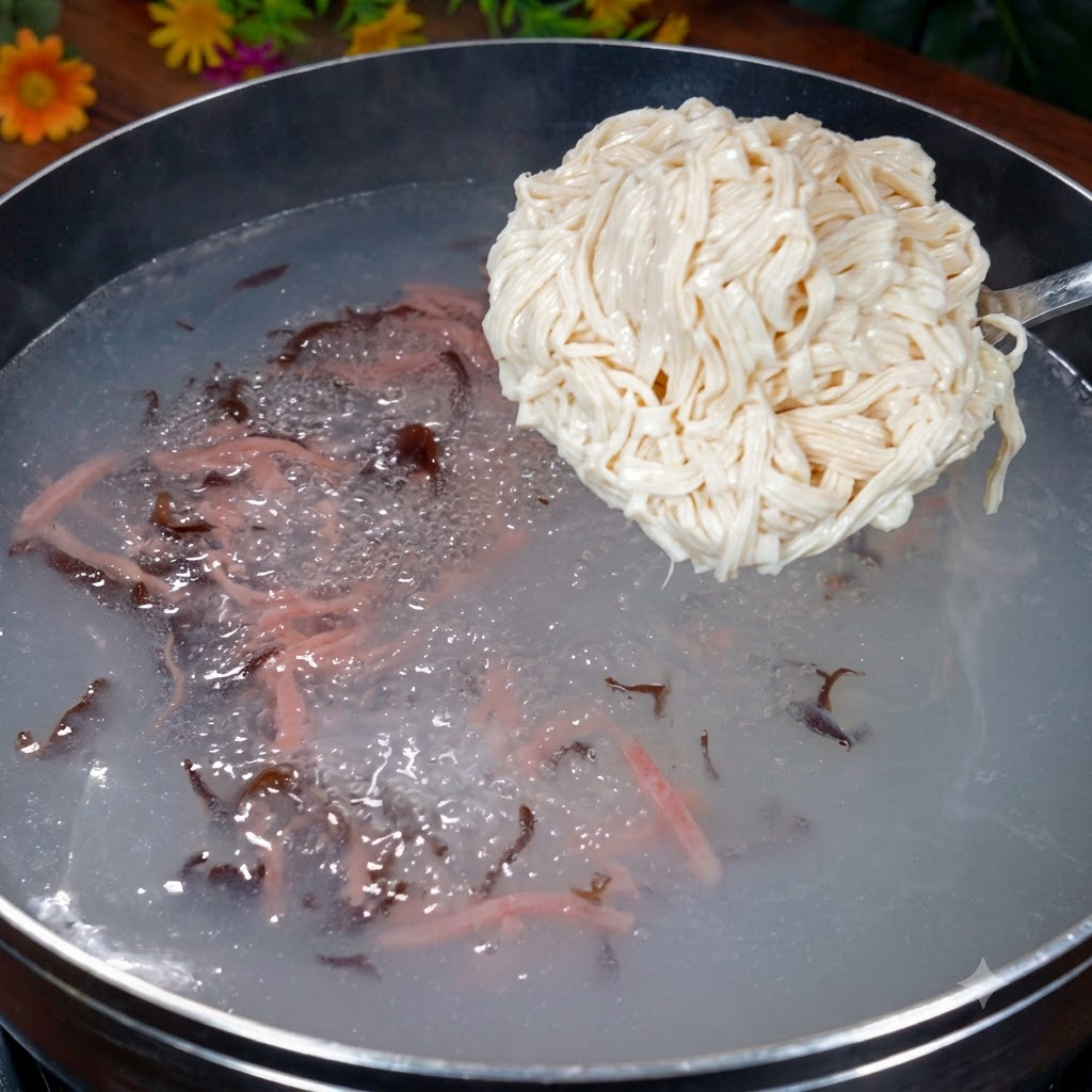 Tofu a julienne aggiunto nella pentola in ebollizione e mescolato delicatamente con un mestolo.