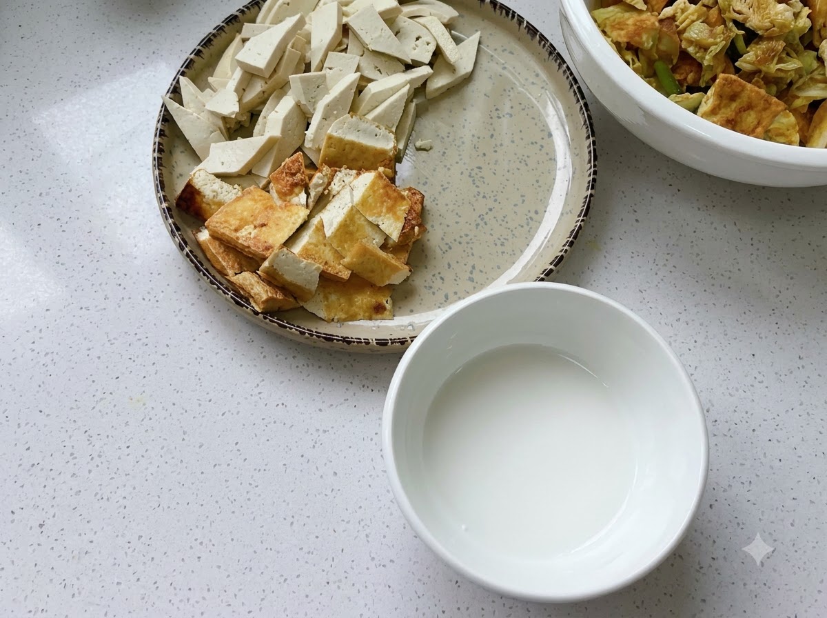 Piatti con tofu classico a fette, tofu fritto, uovo centenario, erbe aromatiche e una ciotola di acqua e amido sul piano di lavoro.