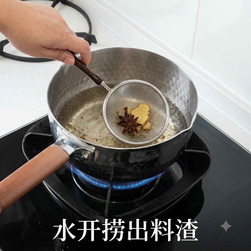 Una mano tiene un colino a rete con anice stellato e zenzero sopra una pentola di acqua bollente.