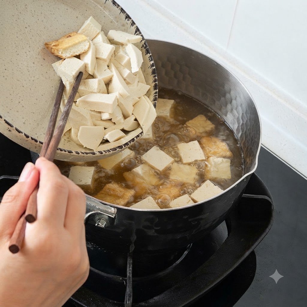 Le bacchette fanno scivolare il tofu e i funghi a fette da un piatto in una pentola di zuppa bollente.