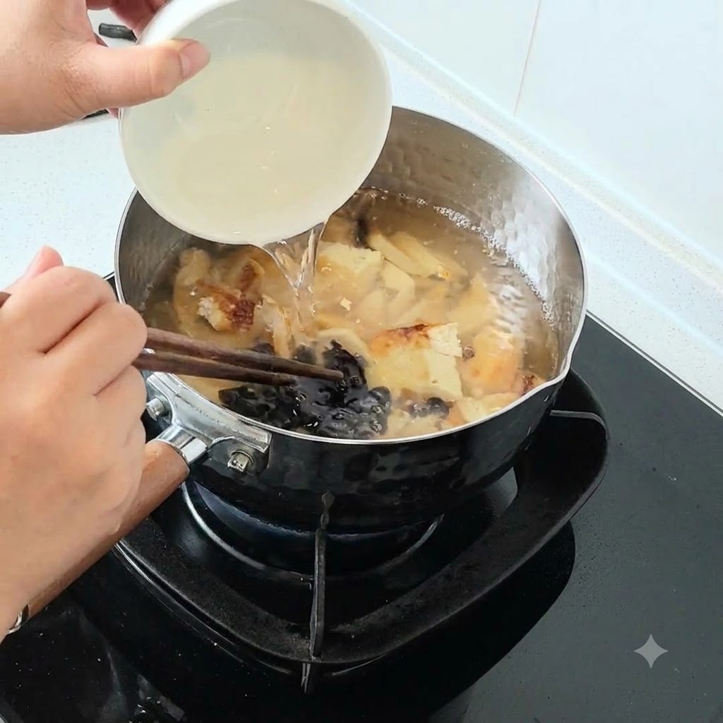 Salsa di soia versata da una ciotolina in una pentola di zuppa a fuoco lento con tofu e funghi.