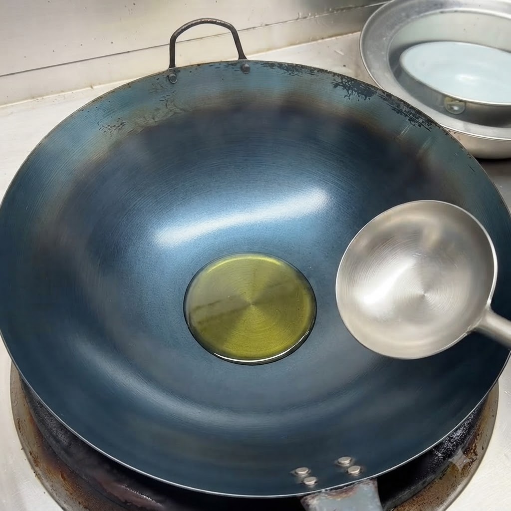 Olio da cucina freddo che si raccoglie al centro di un wok riscaldato con un mestolo in acciaio inossidabile posizionato vicino.