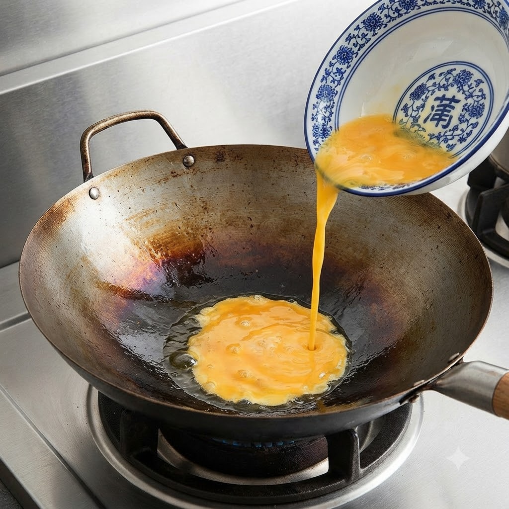 Liquido di uova sbattute versato da una ciotola decorata blu e bianca in un wok caldo e condito.
