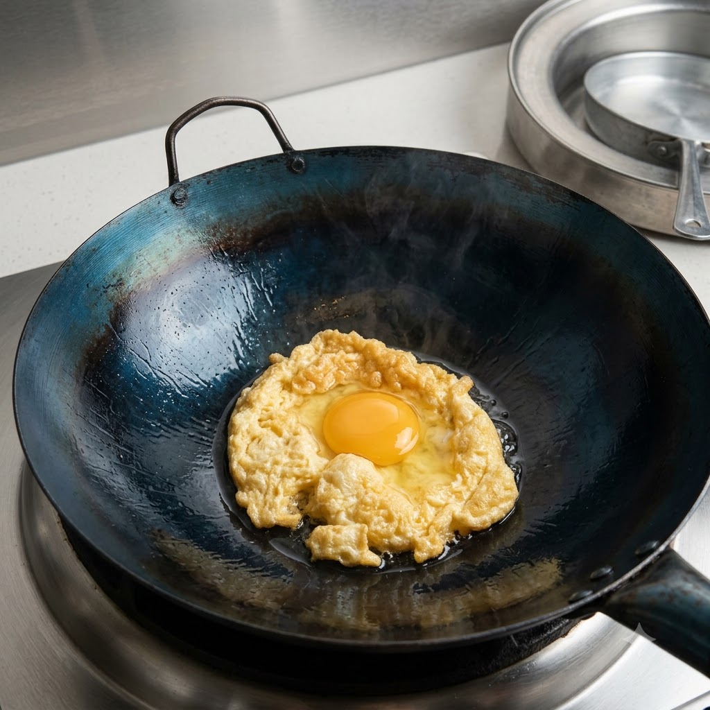 Un uovo parzialmente fritto mentre viene capovolto in un wok in acciaio al carbonio blu.