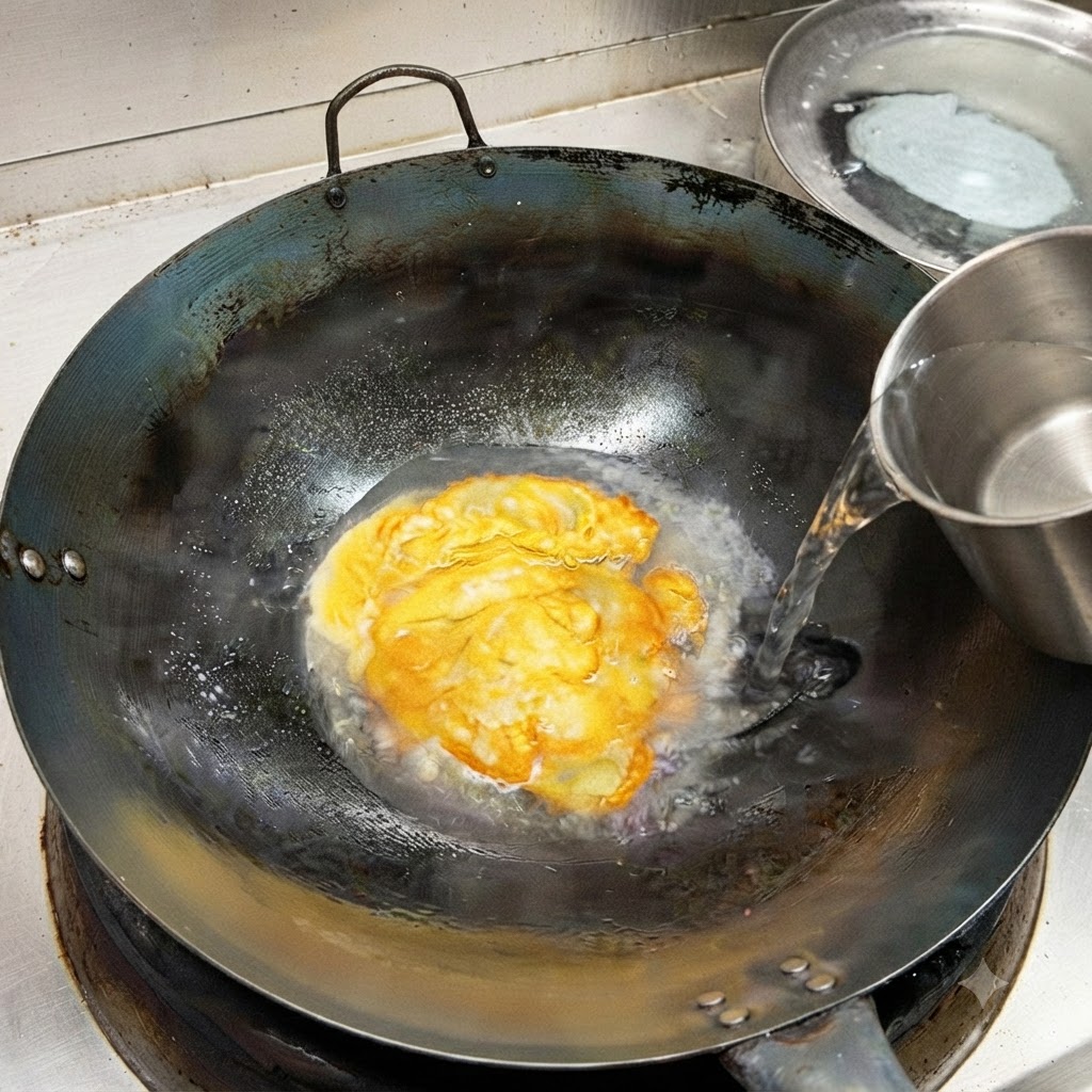 Acqua versata da una caraffa in acciaio inossidabile nel wok sopra luovo fritto.