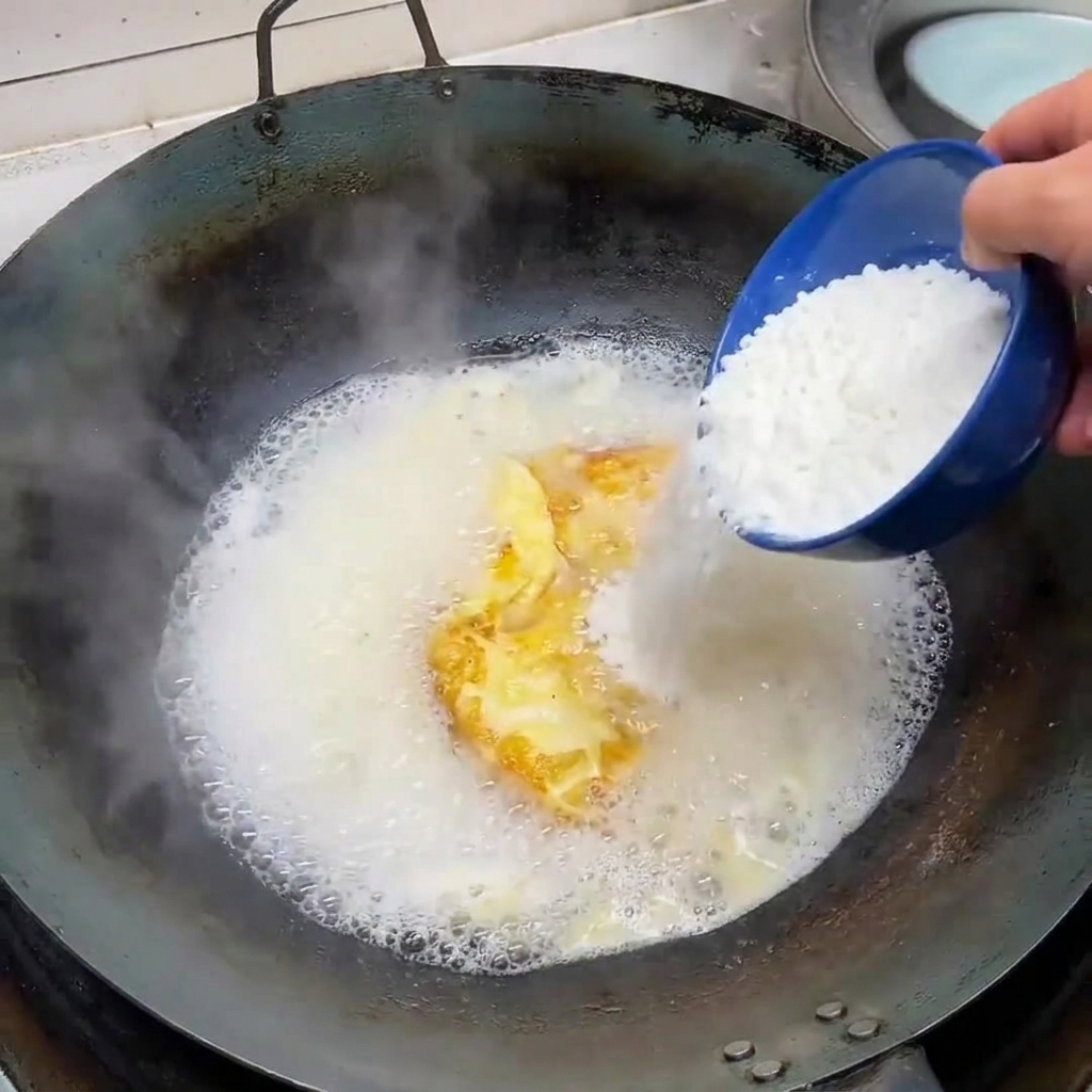 Cubetti di tofu morbido versati da una ciotola blu nella zuppa bollente e bianca lattiginosa.
