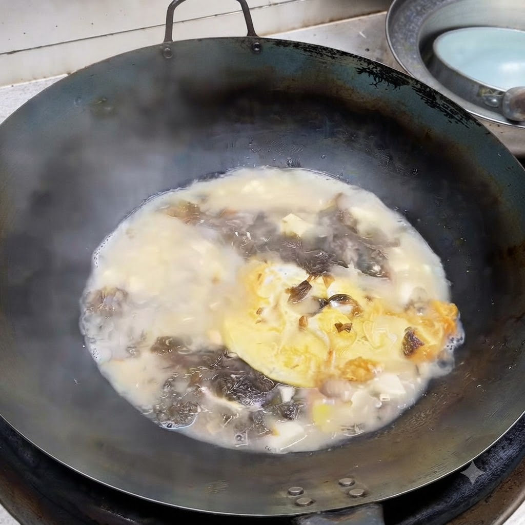 Cipollotti tritati che cadono in un wok pieno di zuppa ribollente e lattiginosa di frutti di mare e tofu.
