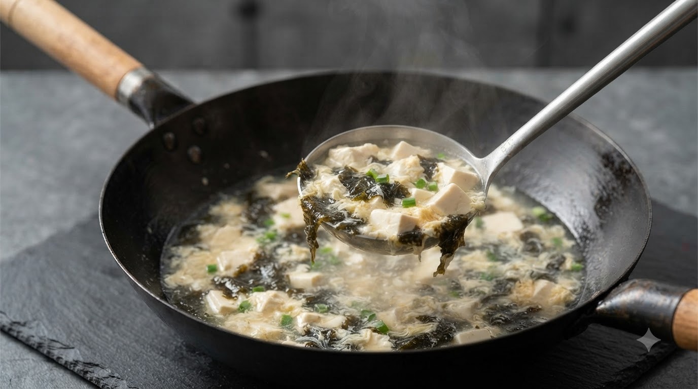 Zuppa di tofu e alghe con uova