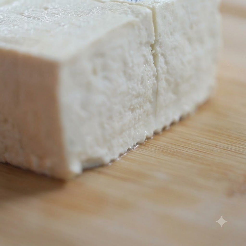 Blocco di tofu sodo salato tagliato a piccoli cubetti su un tagliere di legno usando un coltello da cucina affilato.