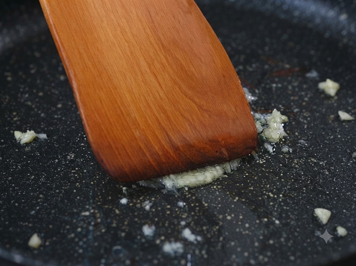 Aglio fatto soffriggere in padella con pezzi di patate e carote.