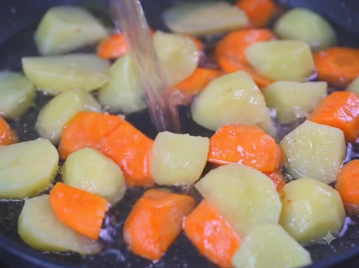 Acqua versata da un contenitore in una padella piena di pezzi di patate e carote.