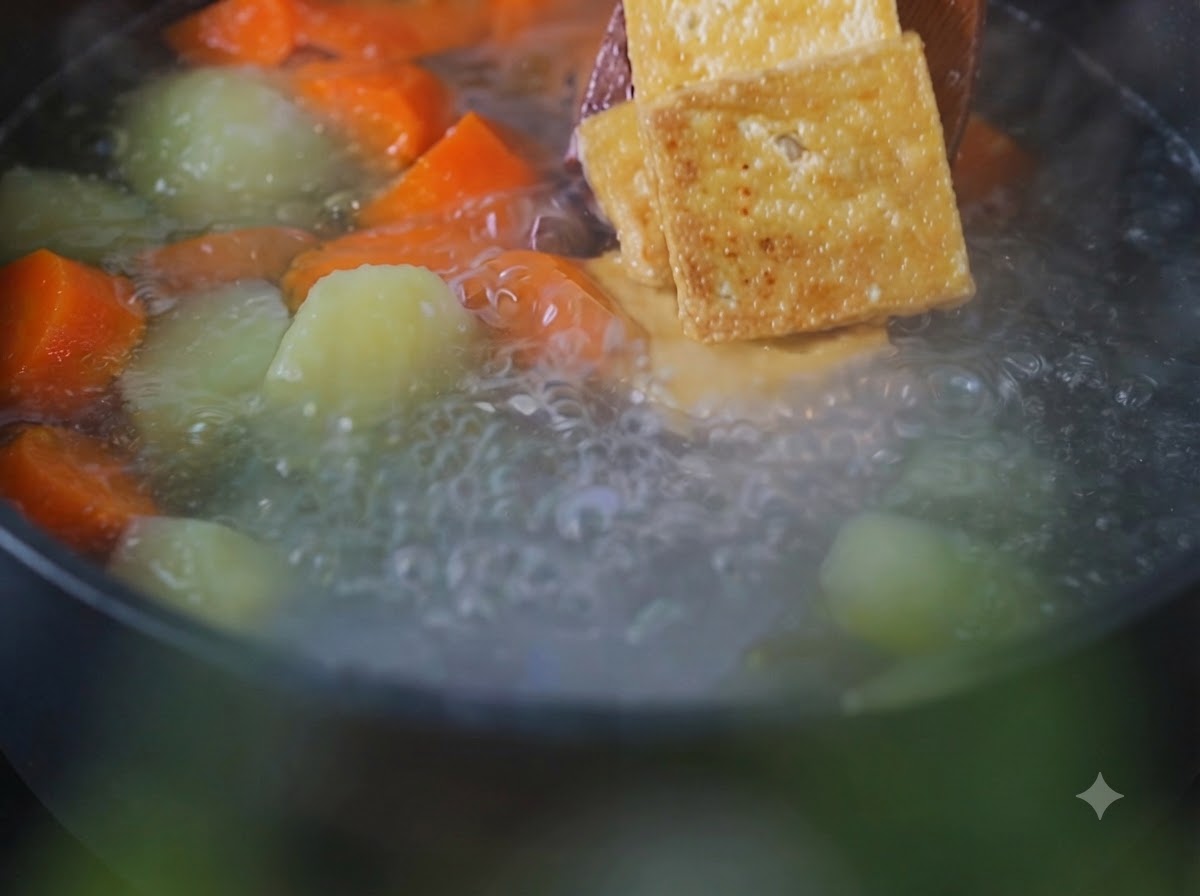 Pezzi di tofu fritto messi con una spatola di legno in una pentola di patate e carote bollenti.