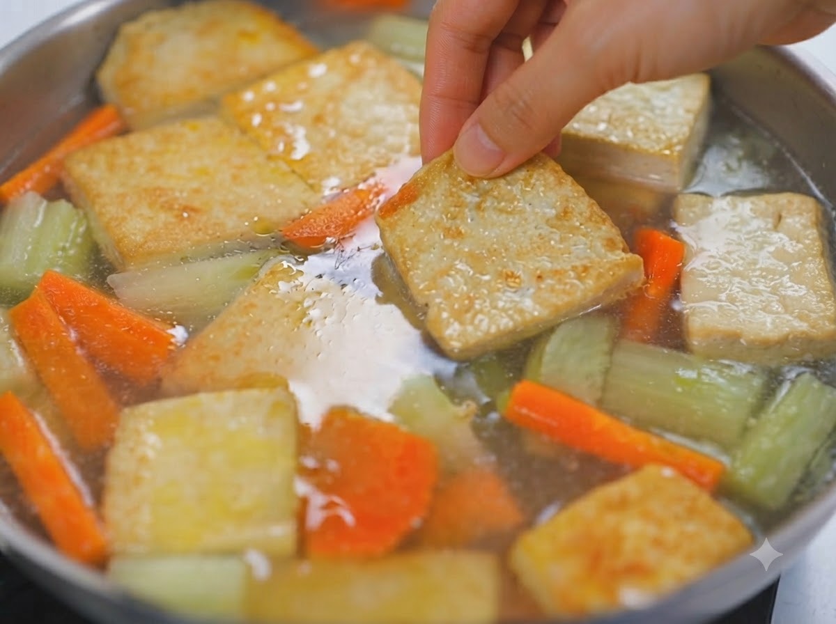 Una mano che posiziona un pezzo di tofu dorato in una pentola ribollente di brodo al curry con verdure.