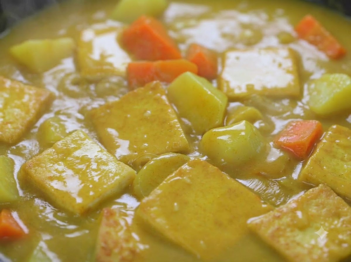 Una salsa al curry densa e ricca che sobbolle con tofu, patate e carote in una padella.