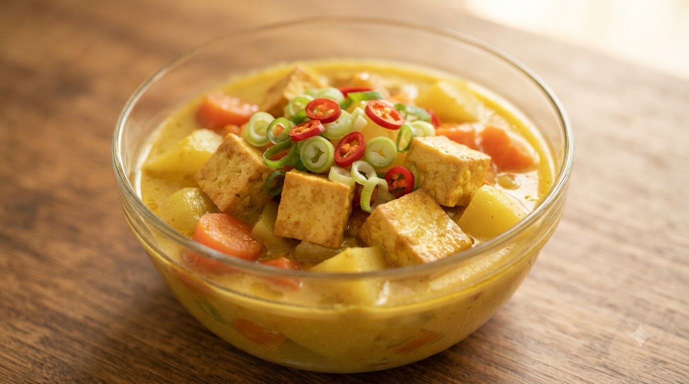 Una confortevole ciotola di tofu al curry e cocco, guarnita con cipollotti freschi e vivaci anelli di peperoncino rosso.