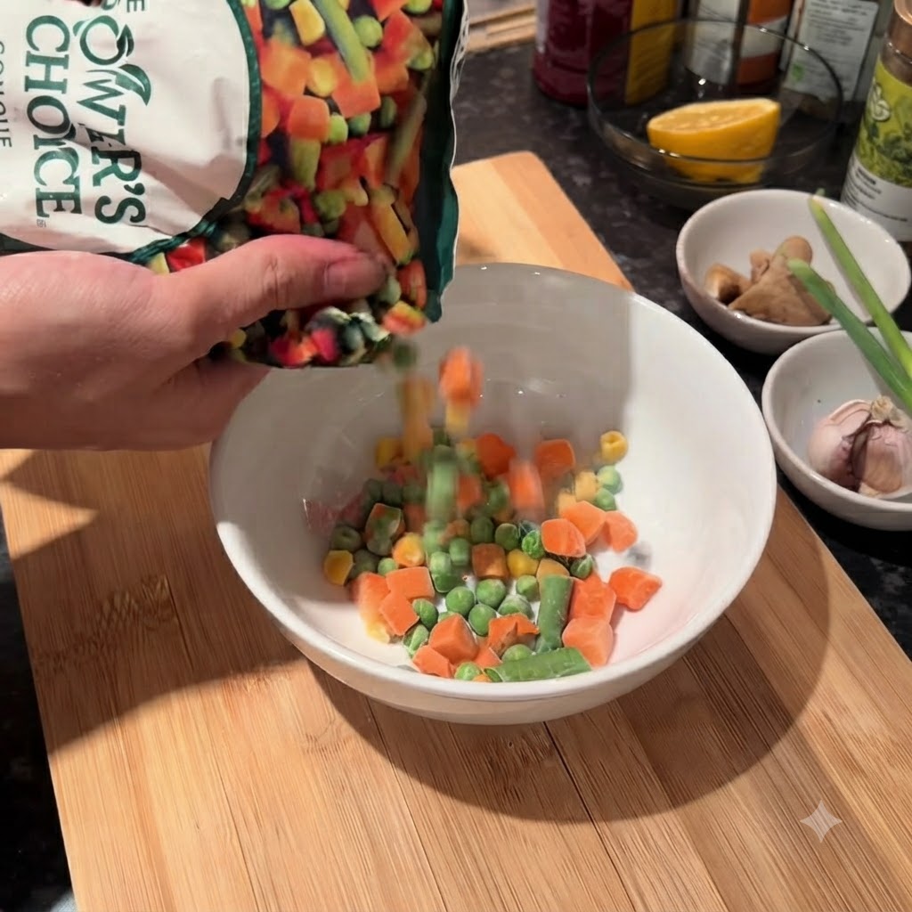 Verdure miste surgelate tra cui mais, piselli e carote versate da un sacchetto in una ciotola bianca.