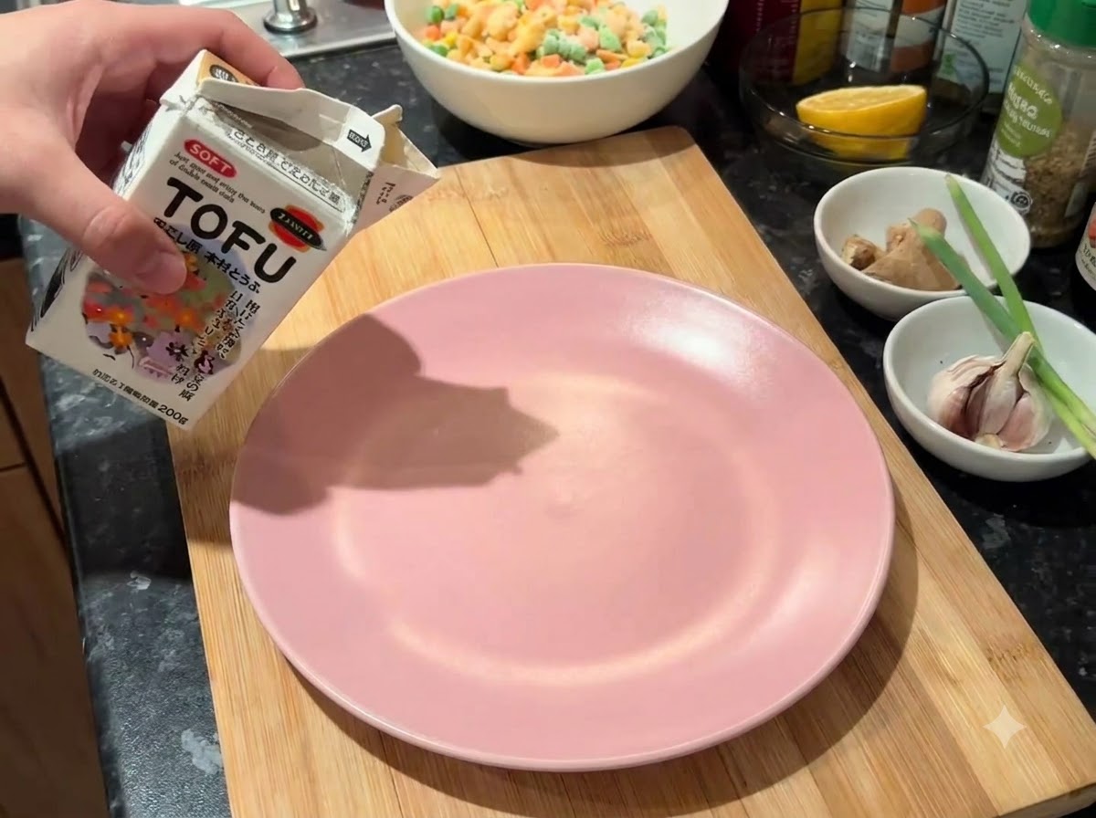 Una confezione di tofu morbido svuotata su un piatto rosa sopra un tagliere di legno.