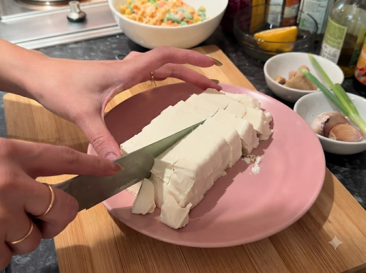 Tofu morbido tagliato a cubetti piccoli con un coltello su un piatto rosa.
