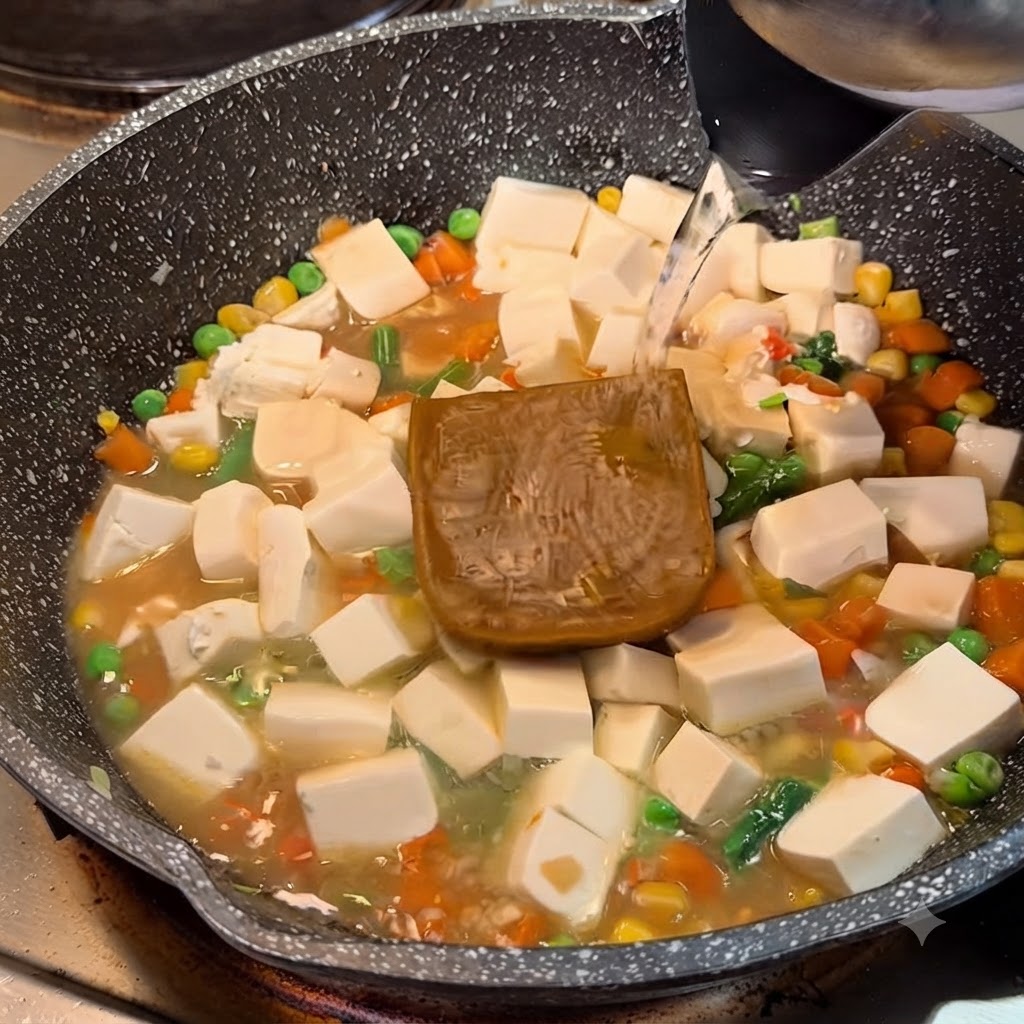 Acqua calda versata da un bollitore in una padella con tofu, verdure e un blocco di roux di curry.